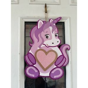 Wood Heart Unicorn Valentines Day Sign Door Hanger Wall Decor Wreath Sign